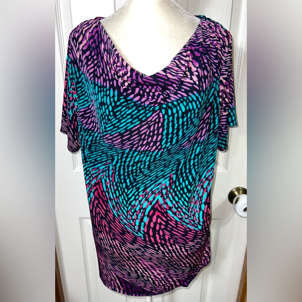 Jaclyn Smith Blouse Top Draped Neckline Abstract Multicolor Colorful Size L